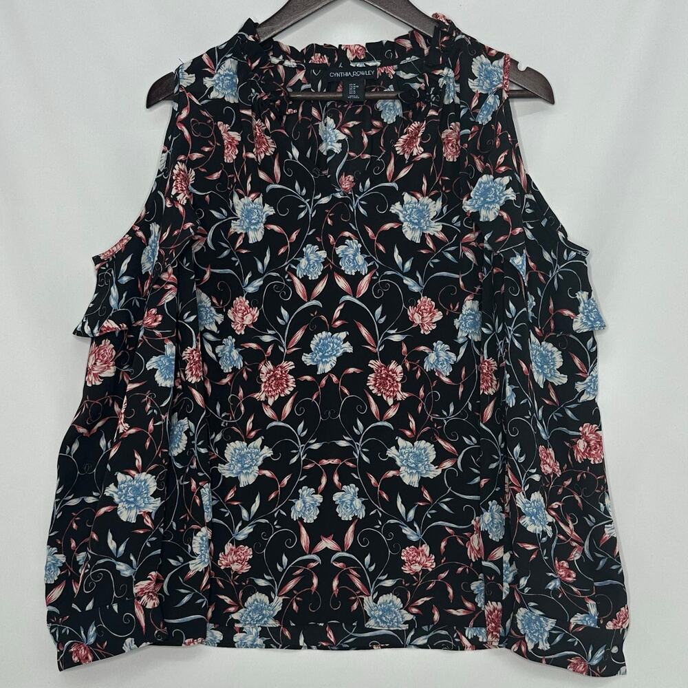 Cynthia Rowley Cold Shoulder Georgette Blouse Medium Black Floral Fairycore Boho